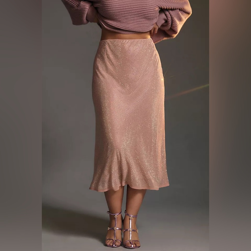 NWT Anthropologie Iridescent Rhinestone Midi Skirt Blush Baby Pink Size M
